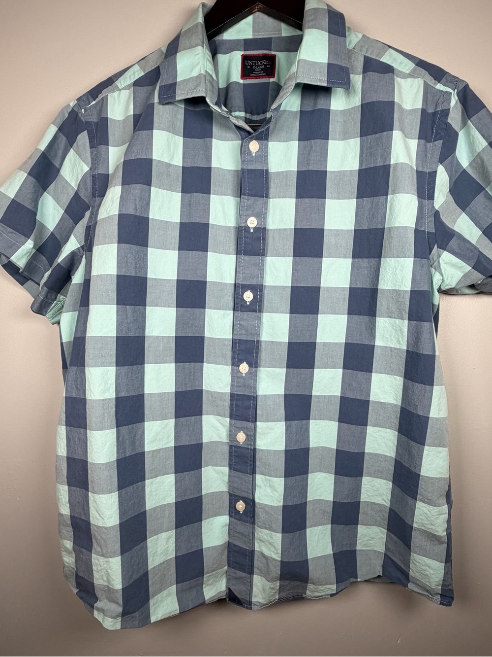 UNTUCKIT Quintos Mens XL Slim Fit Short Sleeve Shirt Blue Buffalo Check Plaid